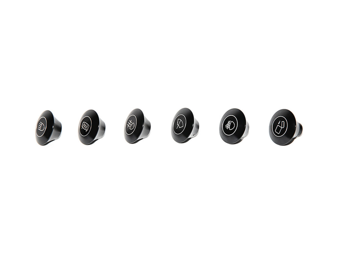 Rennline Billet Dash Knobs – Armaturenbrett-Knöpfe (Auswahl) – schwarz eloxiert & graviert – Porsche 911/912/914 (1965–1989)