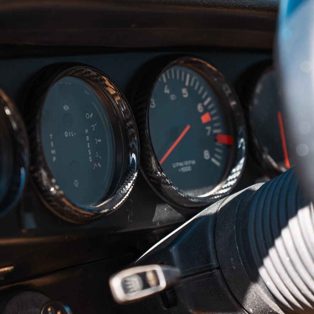 Rennline Instrumentenringe / Gauge Bezels – CNC-gefräst aus Billet-Aluminium oder handgelegter Carbonfaser – Porsche 911/912/930/964/993 (1965–1998)