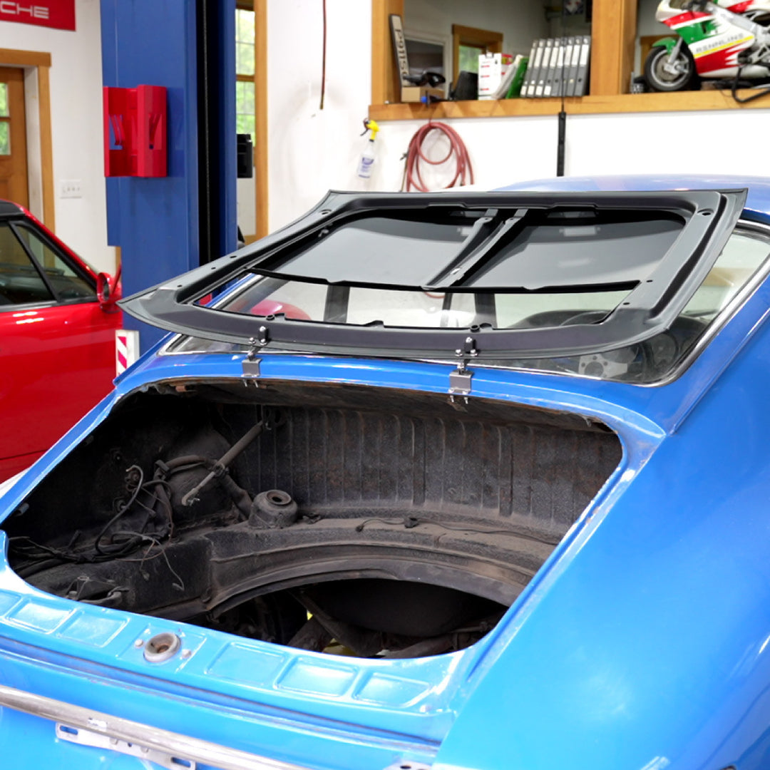 Rennline 911R Heckdeckel-Scharnier „Flip-Over“ – Porsche 911 Coupé (1963–1989) – Quick-Release, inkl. Edelstahl-Hardware