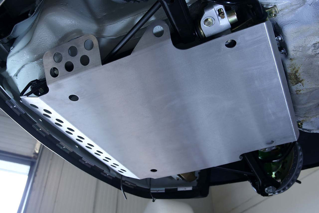 Rennline Aluminium Unterfahrschutz / Skid Plate – Porsche 911/912/930 (1969–1989) – schützt Tank, Pumpe & Lenkung, Montage ohne Bohren